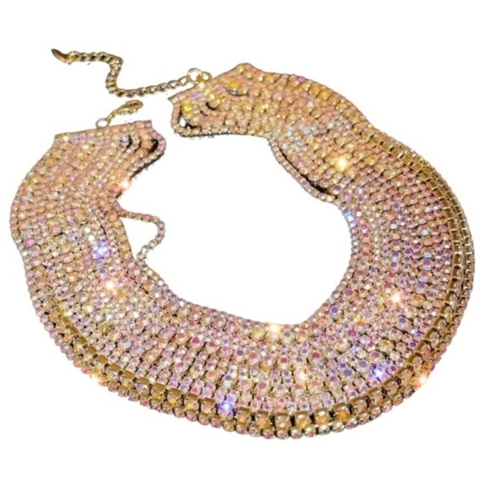 New Multi Layered Shiny Iridescent Rhinestone Chain Choker Statement Necklace